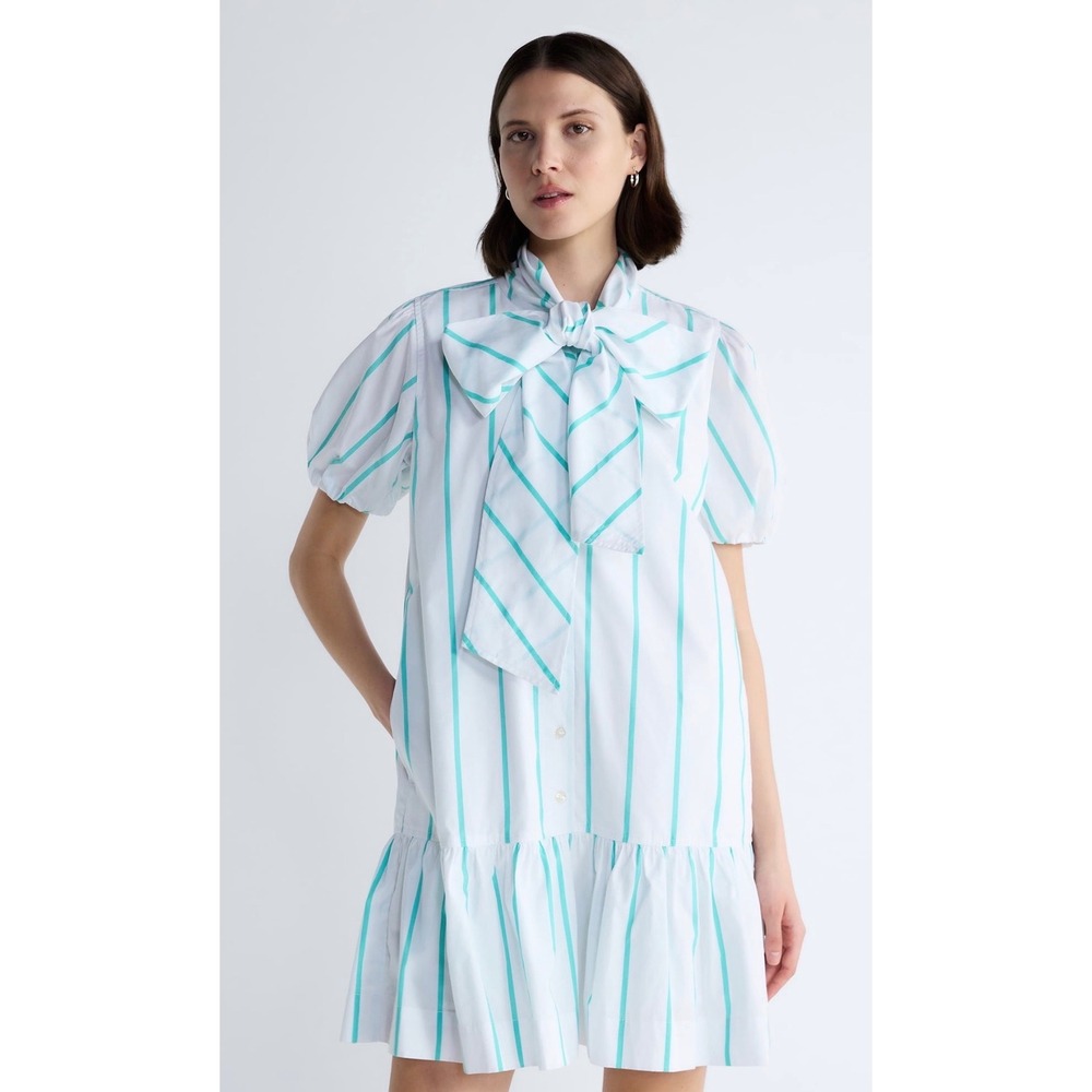 Free Assembly Womens XL (16/18) Teal White Striped Bow Neck Puff Sleeve Dress